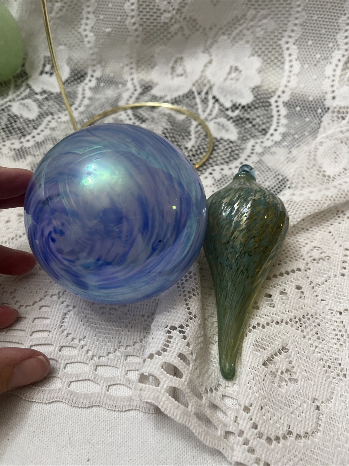 Hand Blown Glass Orb Witch Ball Sun Catcher Ornament  Poland Iron Art Blue Lot 2