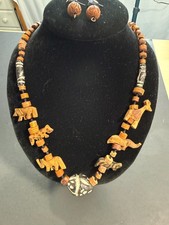Handmade Artisan Wooden Beaded Statement Necklace and Earring Set
