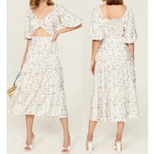 MINKPINK Hailey Floral Puff Sleeve Cutout Midi Dress White Purple XL