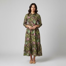 New J McLaughlin Brown Botanical Floral Shirt Dress S Maxi Tiered Linen Cotton