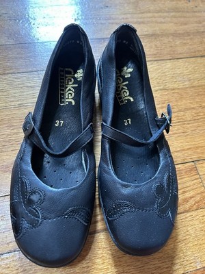 Rieker Antistress Women s 6 6.5/37 Black Leather Floral Mary Jane Comfort Flats