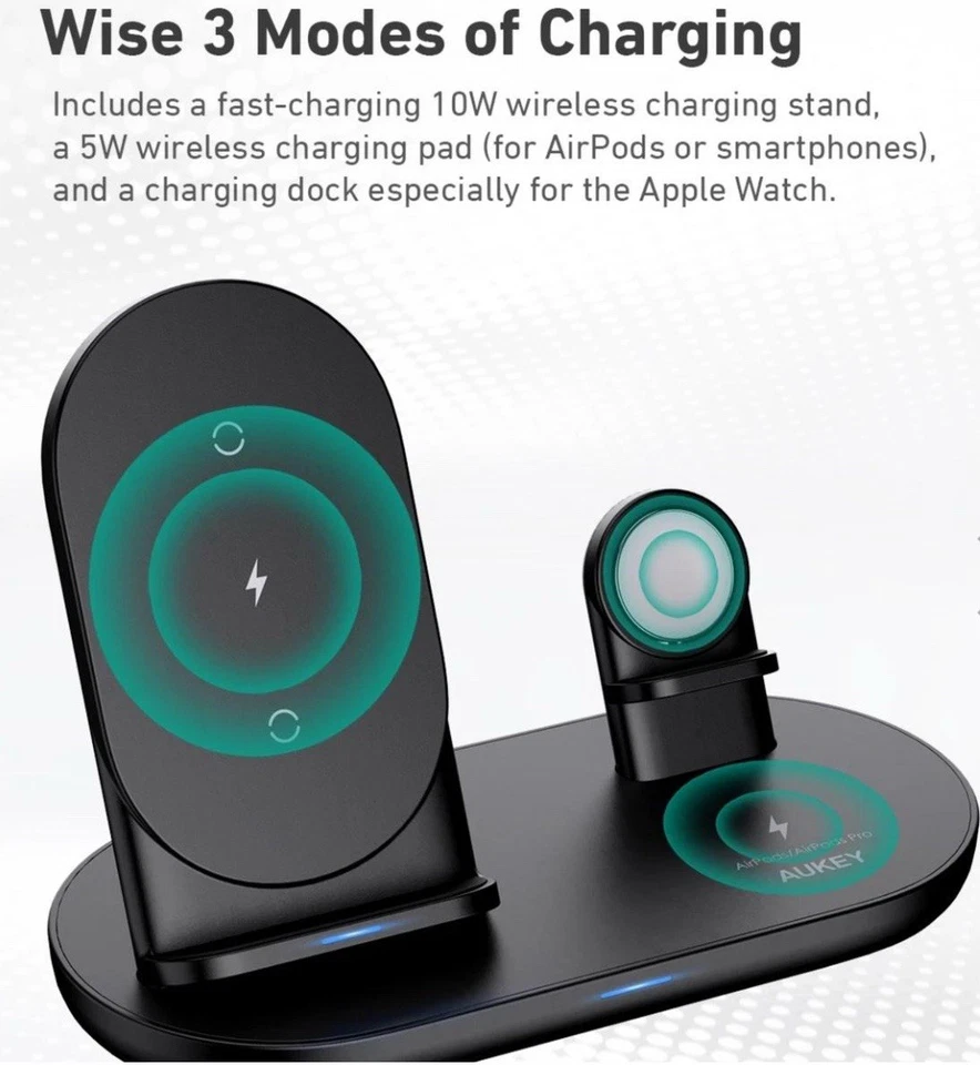 AUKEY LC-A3 3 en 1 Estación de Carga Inalámbrica Carga iPhone/AirPods/Apple Watch Foto 4 de 4
