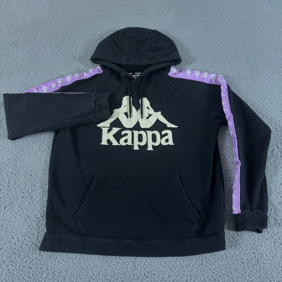 Kappa Hoodie Mens Medium Black Purple Sweatshirt Graphic Striped Pullover Jumper - Image 2 of 4