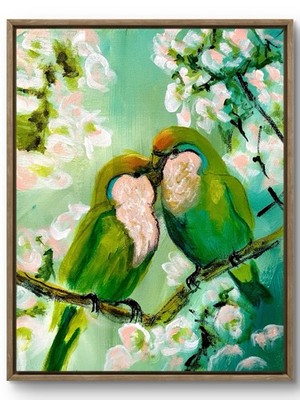TITA PAINTZ Green Lovebirds Cherry Blossom Tree Sage Original Handmade 8x10