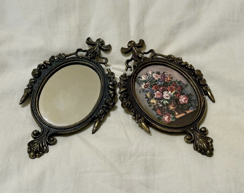 Vintage Made in Italy Gold Tone Ornate Oval Metal Wall Mirror & Floral Frame