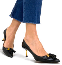 PRADA Black Patent Leather Tassel Gold Metal Heel Pointed Toe Pumps, Size 36