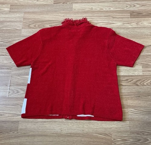 Lisa International Red & White Check short sleeve zip up sweater, red fringe, XL - Picture 3 of 9