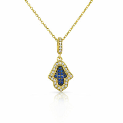 Sterling Silver Yellow Gold-Tone Evil Eye Hamsa Crystals CZ Pendant Necklace
