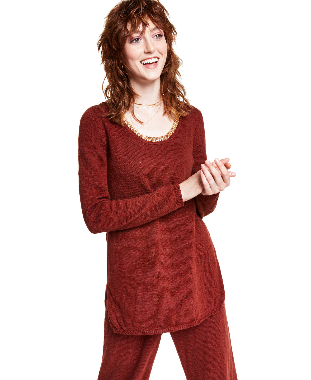 INC Women's Chain-Embellished Tunic Pullover Sweater (Large, Deep Sienna)