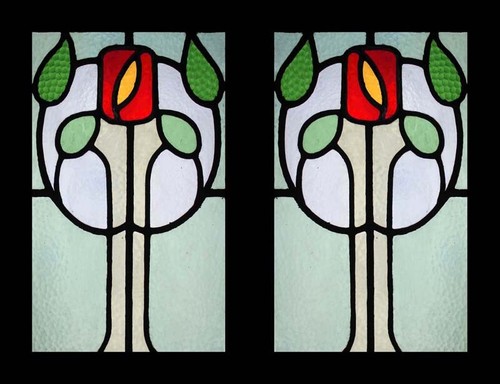 Rare Art Nouveau Mackintosh Rose Flower Tree Pair English Stained Glass Windows Ebay