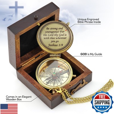 God Is My Guide Kompass Aus Messing – Mit Bibelvers, Display-Box & Kette, Religiöses Geschenk Für Taufe, Konfirmation, Hochzeit