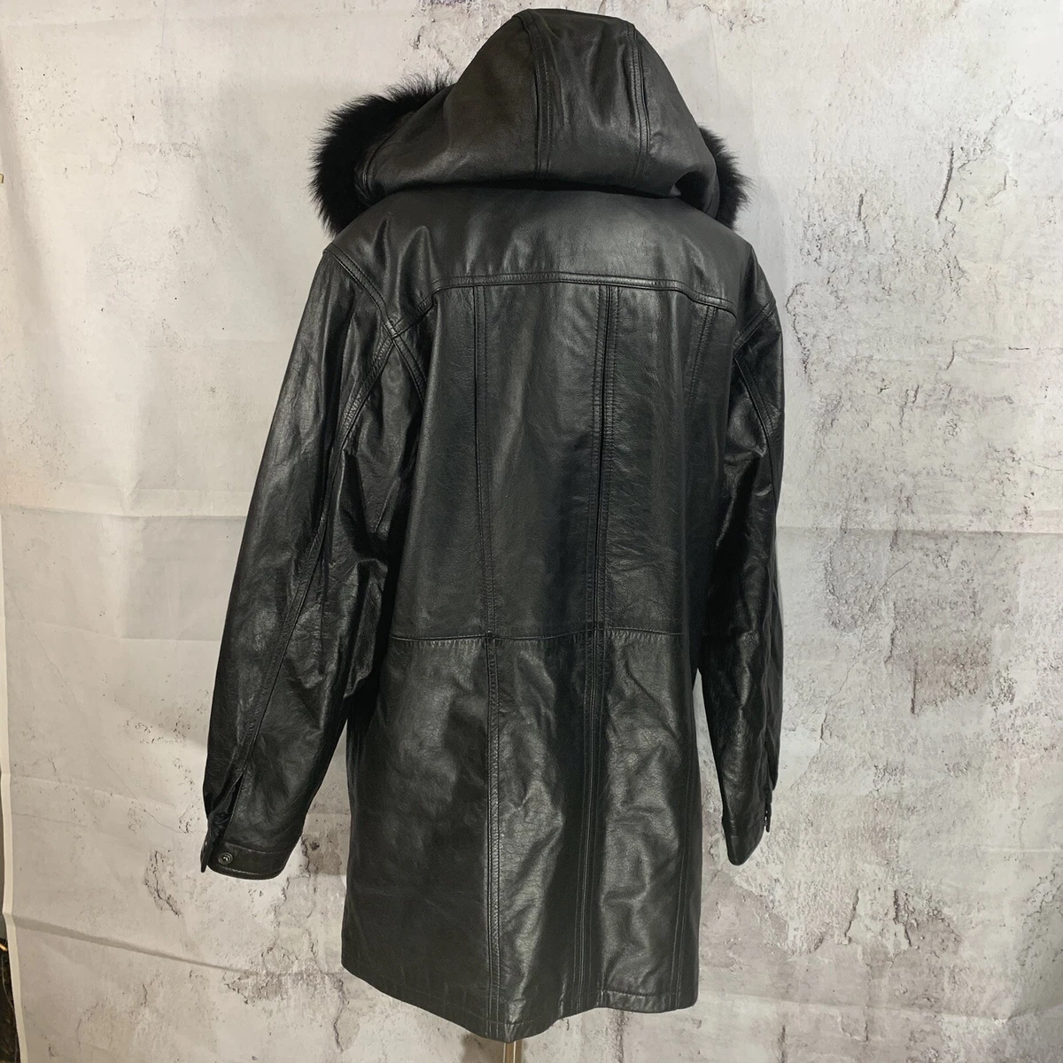 Field Gear Women s M Black Leather Parka Coat Fox Fur Removable Hood Thermolite