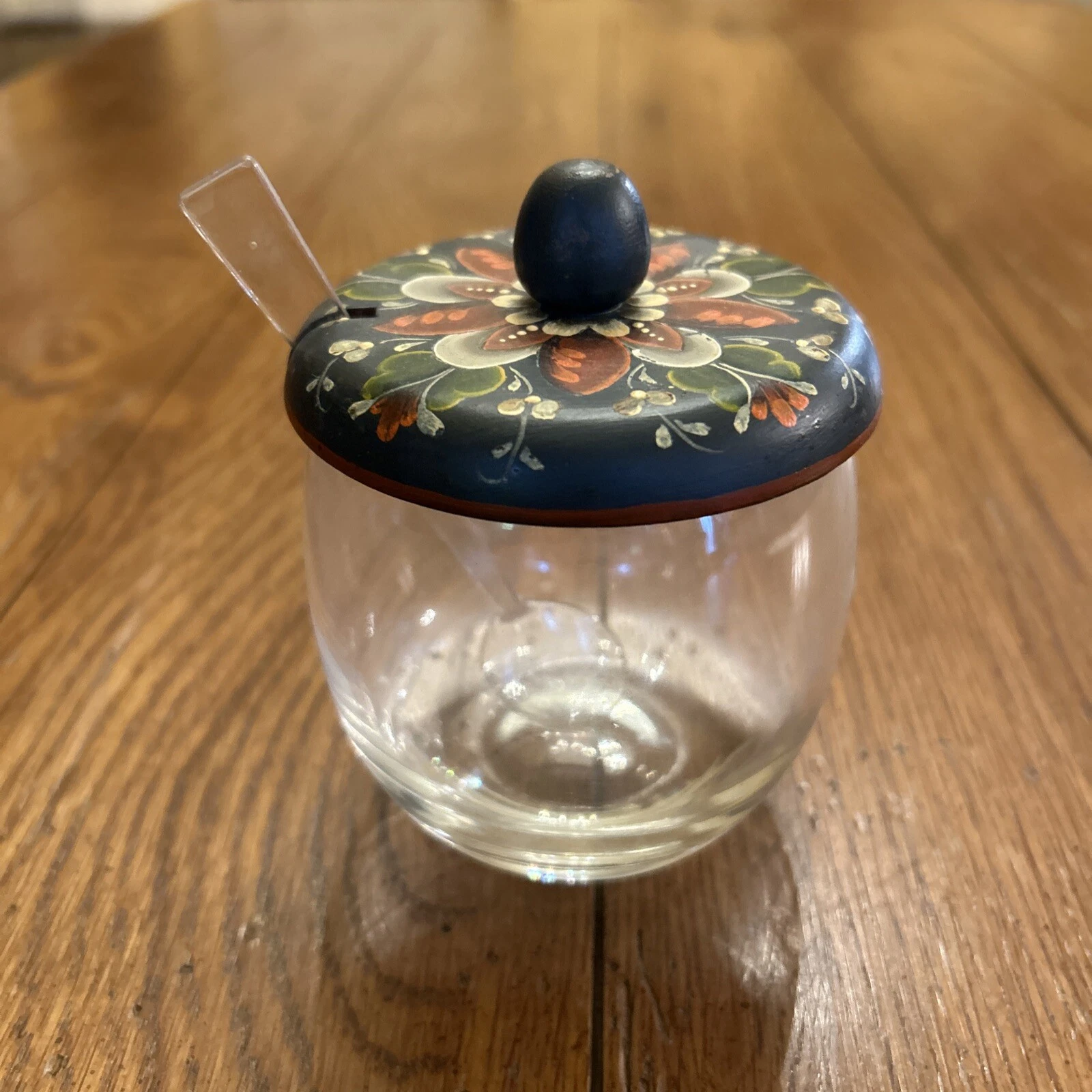 Clear Glass Honey/Jelly /Sugar Jar With Wooden Hand Painted Lid & plastic spoon.