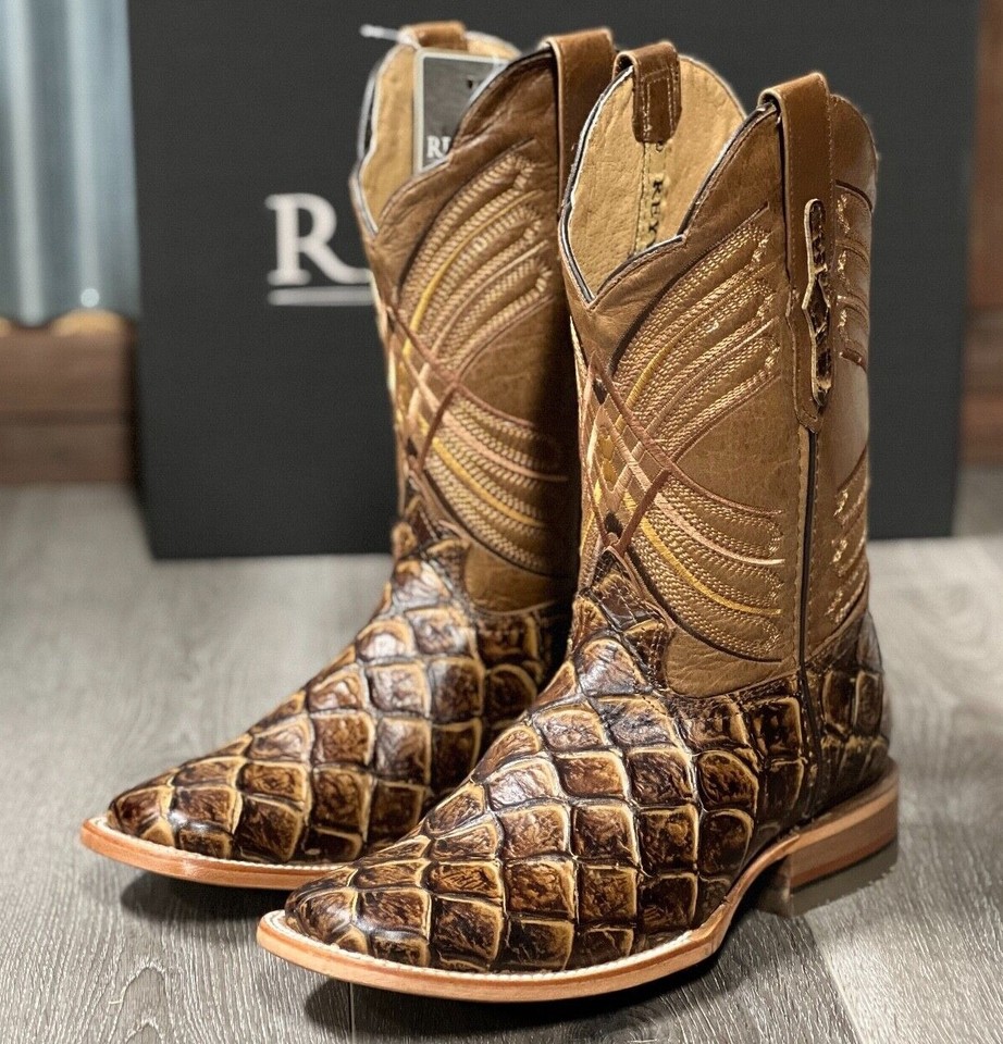 MEN'S RODEO COWBOY FISH PIRARUCU PRINT WESTERN SQUARE TOE BOOTS COGNAC ...