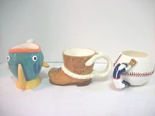 3 Carnation Character Mugs Coffee Mate Fish, Baseball, Boot Cups Mugs Repurpose