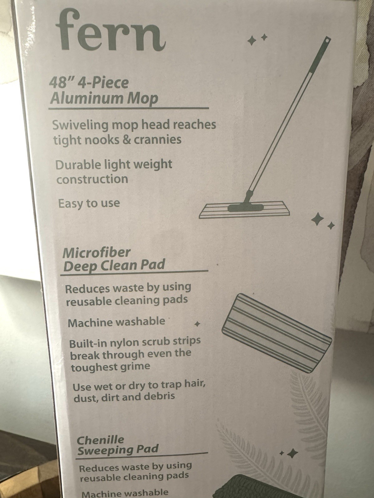 Fern Floor Care 4 Piece 48” Mop Kit Multi-Surface Floors Microfiber &Chenille