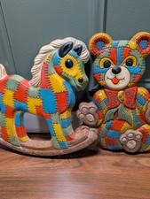 Vintage 1979 Patch Foam Craft Nursery Teddy Bear And Rocking Horse Wall Hanging