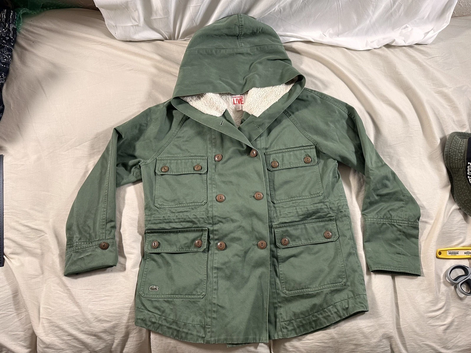 Lacoste Live Utility Field Olive Green Sherpa Lined Med Fishtail Military Coat