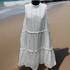 White Tiered Ruffle Sundress Boho Eyelet Dress M Sleeveless Beachy Short Mud Pie