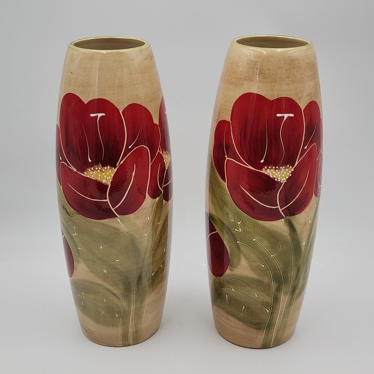 Marshall Field's Floral Ceramic Vases Pair Red Flower 12.5 Inch