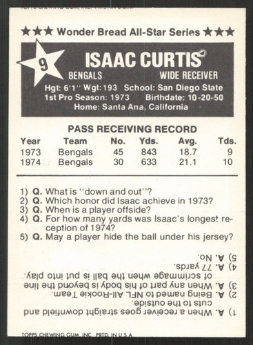 1975 Wonder Bread #9 Isaac Curtis Cincinnati Bengals NR-MINT NO RESERVE! - Picture 2 of 2