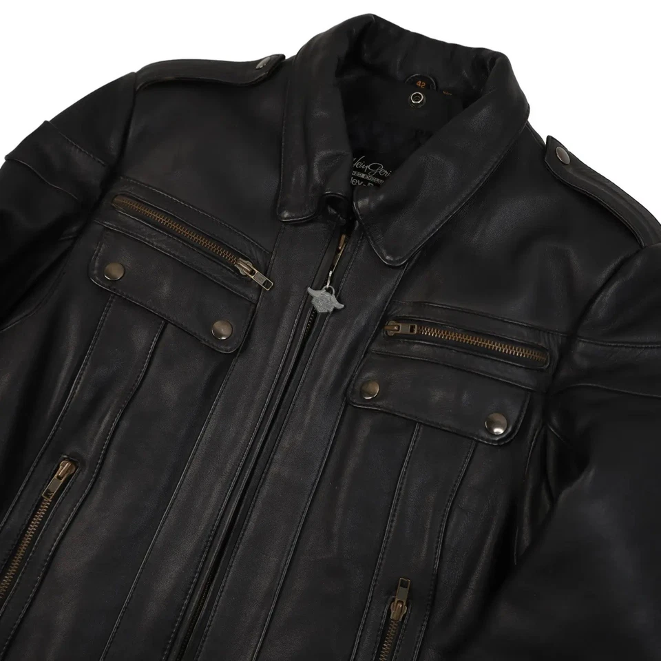 90s Classic Jet Black Retro Motorcycle Vintage Hein Gericke Leather Biker Jacket - Image 3 of 4
