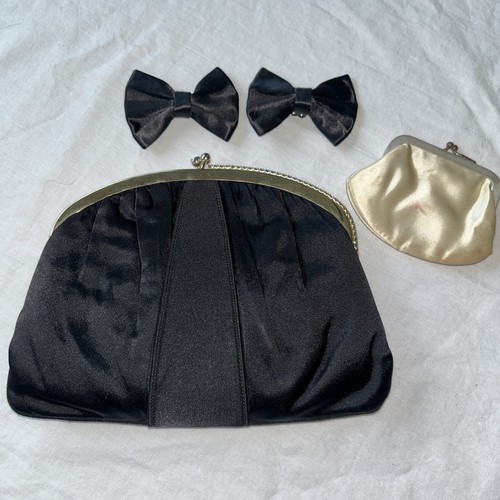 1950's Mel-Ton Saks Fifth Avenue Black Satin Evening Clutch, Shoe Clips, Coin Pr