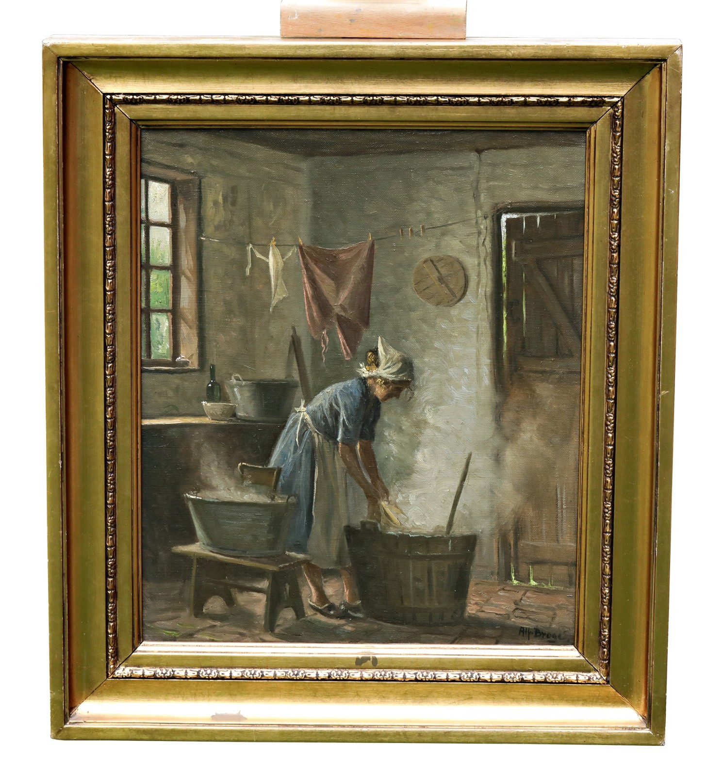 Alfred Broge (1870-1955) – Woman Washing – Oil On Canvas – Signed