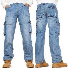 Kruze Mens Cargo Jeans Combat Work Trousers Denim Straight Leg Pants All Sizes