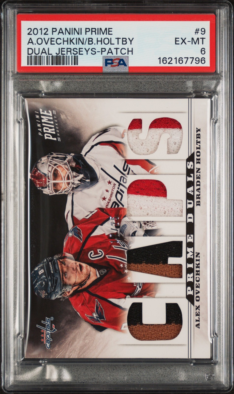 2012 PANINI PRIME DUAL JERSEYS PATCH #9 ALEX OVECHKIN/BRADEN HOLTBY 17/25 PSA 6