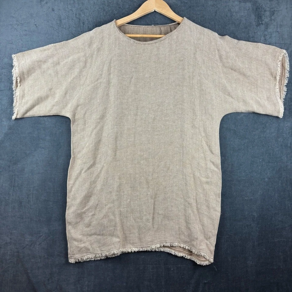 Dusan Italian Made 100% Linen Minimalist Herringbone Tunic with Fringe One Sz - Image 2 of 4