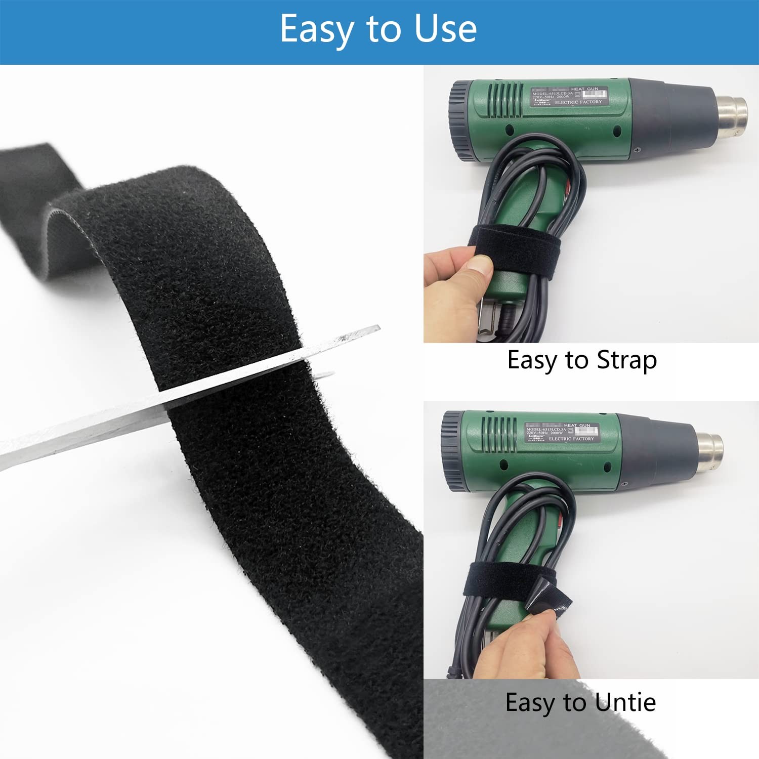 Double-Sided Hook and Loop Straps, Self-Gripping, 2 Inch Wide, Cut to Length, He