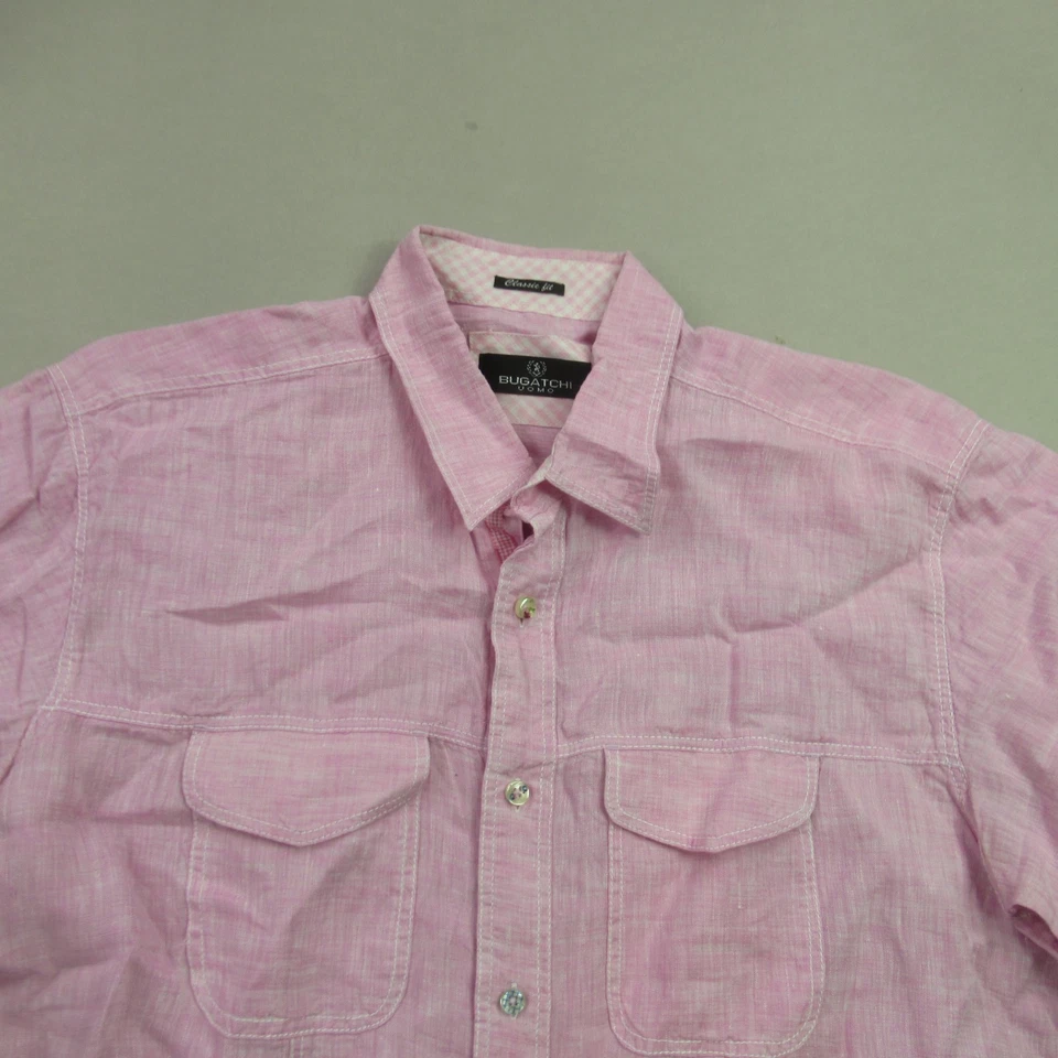 Bugatchi Shirt Mens Large Short Sleeve Button Front Outdoors Pink Classic Pink - Image 3 of 4