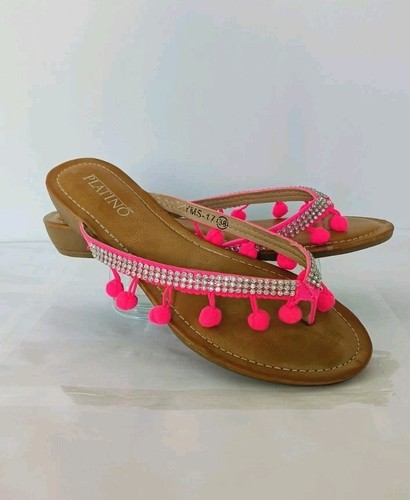 Ladies Sandals Size 5 Flip Flop Toe Piece Pink Diamante Pom Poms Cushioned Flat - Picture 2 of 17