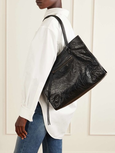 BALENCIAGA Le City Tote Bag Crinkled Black Leather Medium