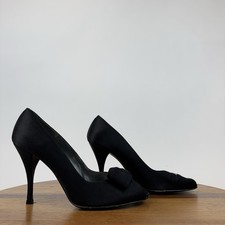 Womens Stuart Weitzman Black Satin Rhinestone Bow Peep Toe Pumps Heels Size 7 M