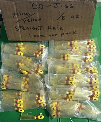 120 Jigs, Vintage Yellow, 1/8 Oz. Straight Hair, Excellent In Package.