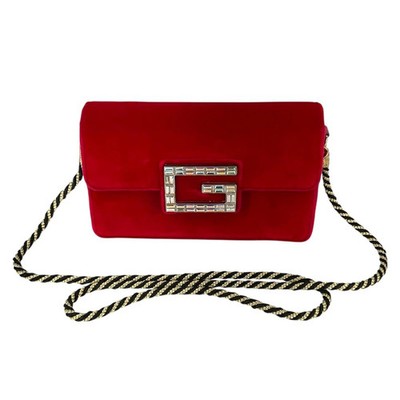 Gucci 544242 Square G Velor Bijou Shoulder Bag Red Used-B Kantei Bureau Koza K31