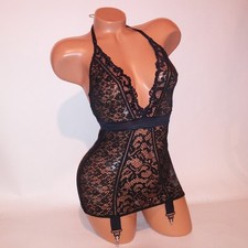Victoria's Secret Lingerie Merriwidow Garter Slip XS Black Boned Allover Lace