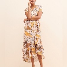 Anthropologie BHLDN Vone Batara Floral Tiered Wrap Maxi Dress Size Large