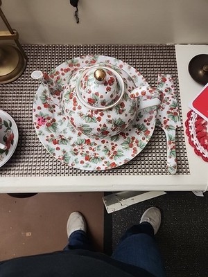 Baum Bros Formalities  Strawberry Tea Pot, Serving Plate & Cake Server Gold Trim