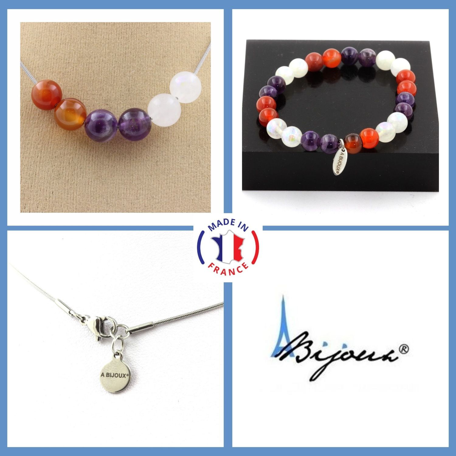 Parure collier et bracelet en agate rubanée et améthyste taille personnalisée