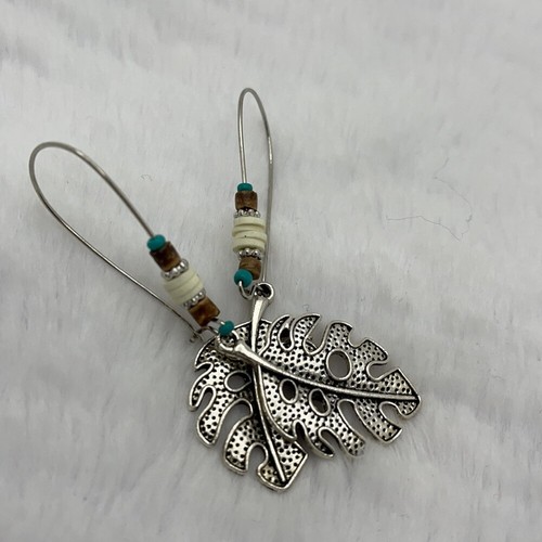 Beaded Silver Tone Leaf Dangle Earrings - Picture 2 of 10