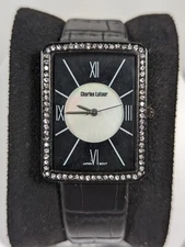 Charles Latour Pearlized Black Dial Crystal Accent Rectangle Case Leather Watch