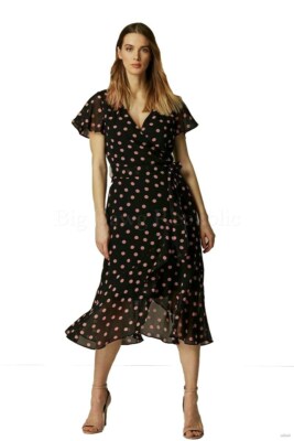 Wallis Ladies Polka Dot Wrap Midi Dress Pink Summer Flowy Ruffle Maxi Black  | eBay