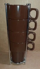 Cups Coffee Crofton Stackable Set 4 Dark Brown Stoneware 12 oz. Metal Rack
