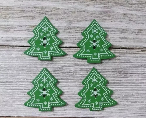 wood christmas tree snowflake buttons sewing 2 holes crafts 1 1/4 inch 4pc