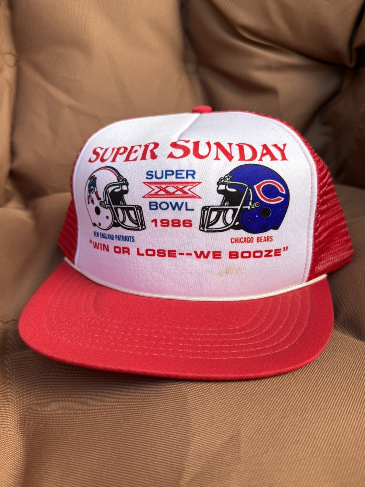 Vintage 1986 Super Bowl XX Sunday Patriots Vs. Bears Mesh SnapBack Hat Football