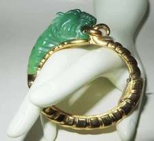 Vintage KJL Kenneth Lane Faux Jade Tiger Gold Tone Bangle Bracelet Safety Chain