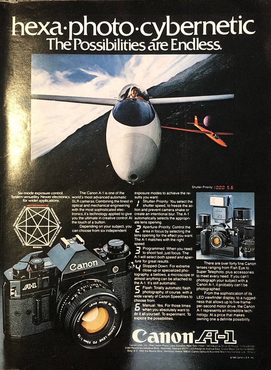 1980 Canon A-1 SLR Camera PRINT AD Hexa-Photo Cybernetic 6-Mode